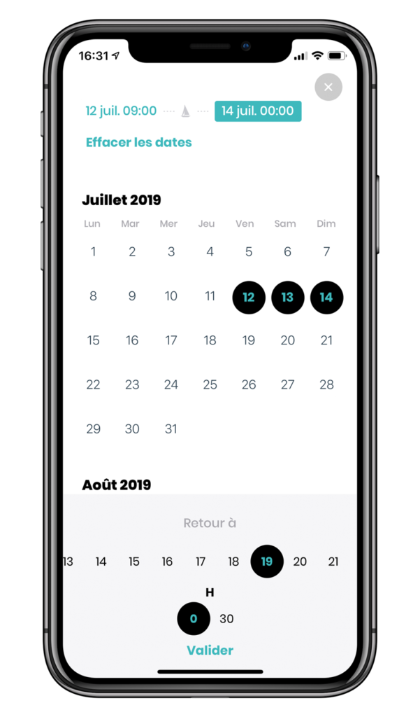 Capture d'écran de 'application mobile saileazy. On y vois un calendrier qui permet de selectionner ses dates de départ et d'arrivés. Et en bas de l'écran les horaires de départ et d'arrivé.